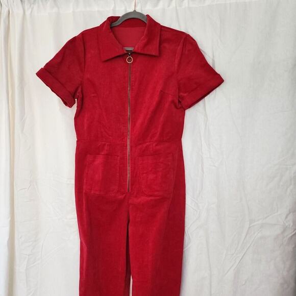 Corduroy Jumpsuit Overall M Red Stretchy Cotton Utility Retro Bootcut New - Picture 4 of 11
